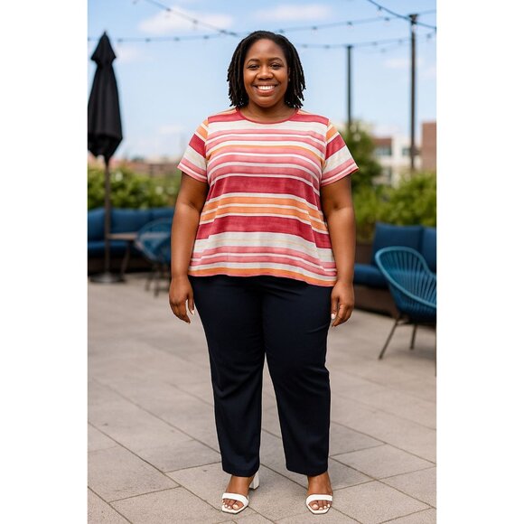 Croft & Barrow 2X Top Womens Plus-Size Striped Classic Tee Red Orange Cotton - Picture 8 of 8